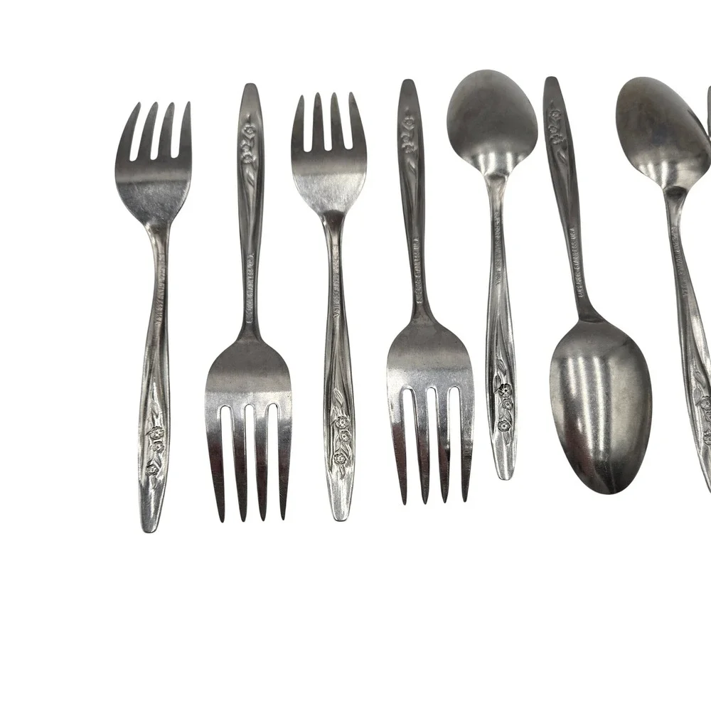 Vtg Stainless Steel Flatware Set Radiant Rose Floral Design‎ 16 Pieces